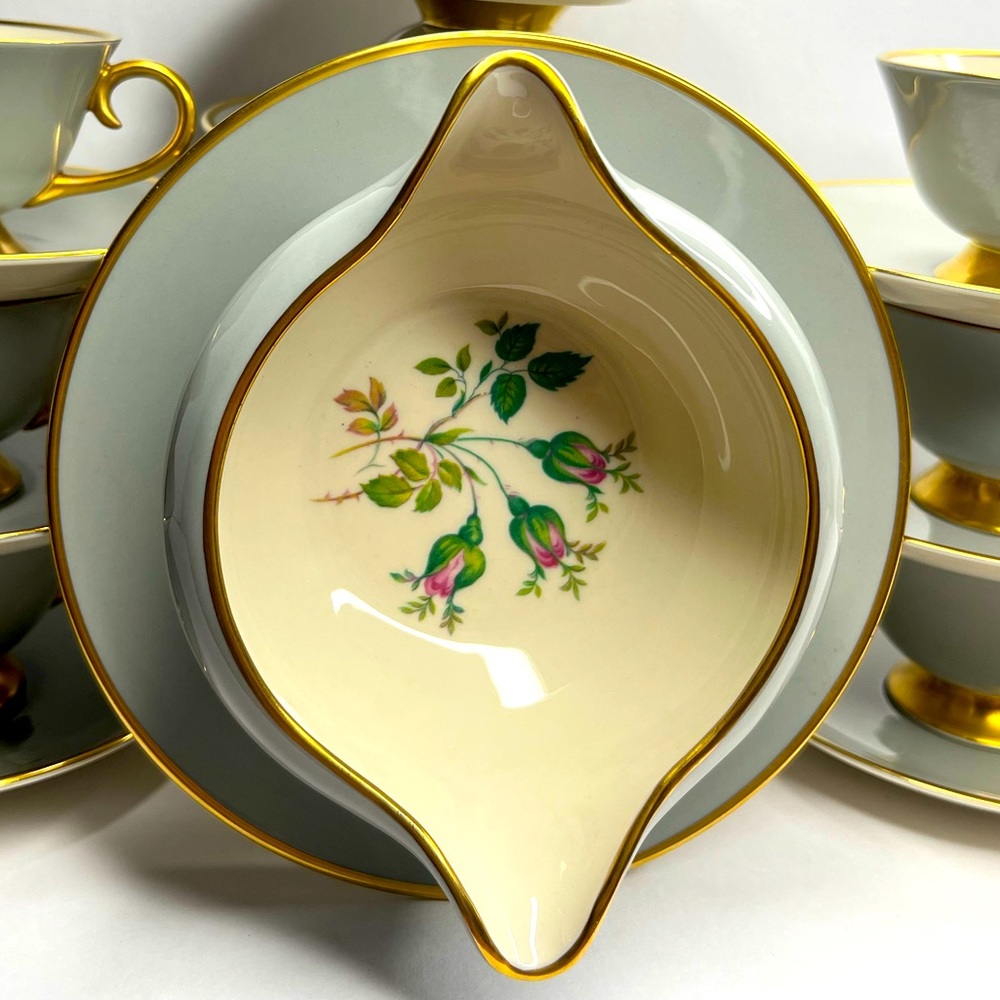 FLINTRIDGE CHINA SAN MARINO GRAVY BOAT ATTACHED UNDERPLATE GRAY GOLD PINK ROSE